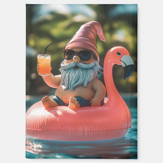 Summer Gnome in Sonnenbrille auf Flamingo Float Magnet (Vorderseite)