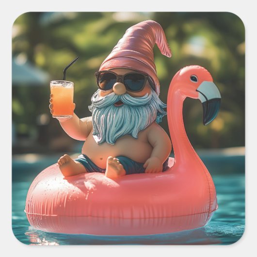 Summer Gnome in Sonnenbrille auf Flamingo Float Quadratischer Aufkleber (Vorderseite)