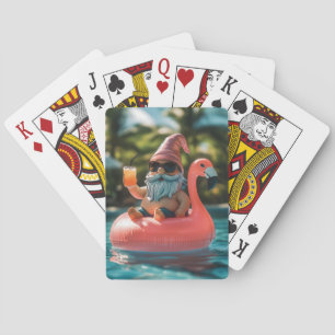 Summer Gnome in Sonnenbrille auf Flamingo Float Spielkarten