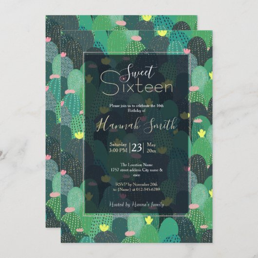 Summer Green Aquamarin Cactus Gold dots Niedliches Einladung (Vorne/Hinten)