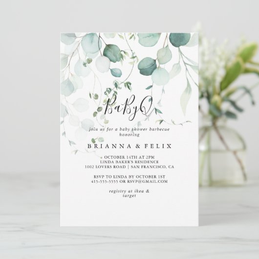 Summer Green Eucalyptus BabyQ Baby Duschgrill Einladung (Stehend Vorderseite)