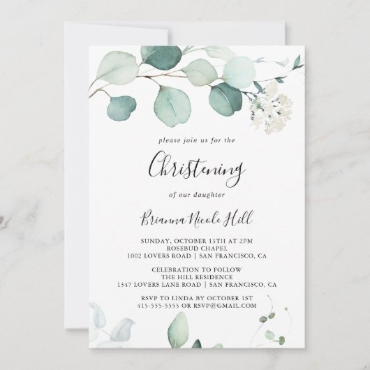 Summer Green Eucalyptus Foliage Christening Einladung (Vorderseite)