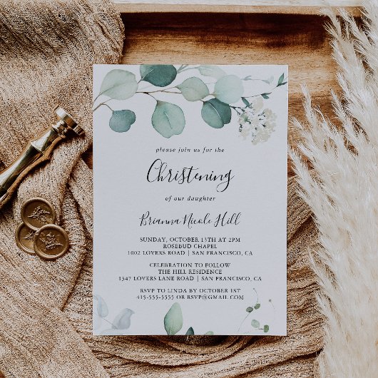 Summer Green Eucalyptus Foliage Christening Einladung