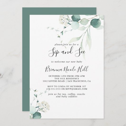 Summer Green Eucalyptus Foliage Sip und See Einladung (Vorne/Hinten)