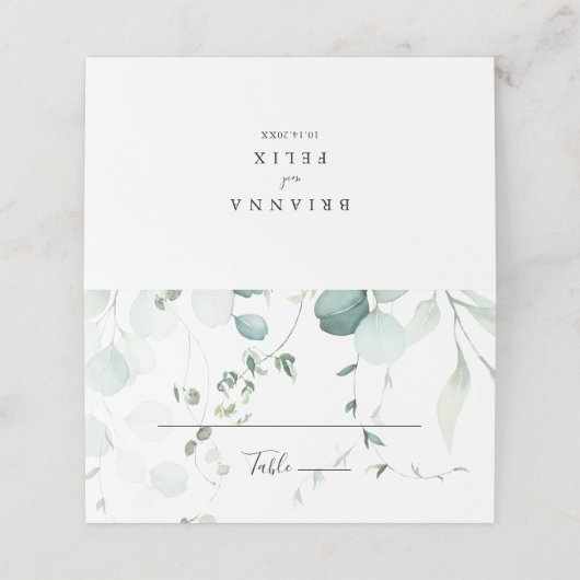 Summer Green Eucalyptus Foliage Wedding Platzkarte (Außenseite Aufgefaltet)