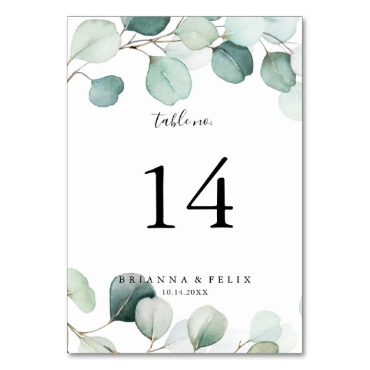 Summer Green Eucalyptus Foliage Wedding Tischnummer (Rückseite)