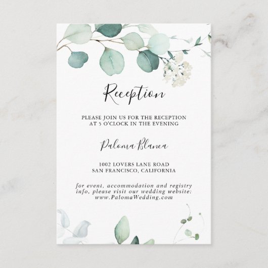 Summer Green Eukalyptus Foliage Hochzeitempfang Begleitkarte (Vorderseite)