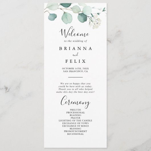Summer Green Eukalyptus Foliage Wedding Program Programm (Vorderseite)
