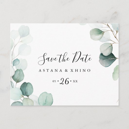 Summer Green Eukalyptus Horizontal Save the Date Postkarte (Vorderseite)