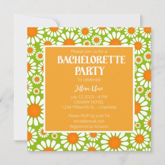 Summer Green und Orange Retro Daisy Bachelorette Einladung (Vorderseite)