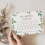 Summer Greenery Advice and Well Wishings Card Postkarte<br><div class="desc">Diese Sommer Grün Ratschläge & Wellness Karten sind die perfekte Aktivität für einen eleganten Hochzeitsfeier Empfang oder Brautparty. Das Design zeichnet sich durch handgezeichnet,  elegantes Eukalyptusfolien aus,  das die positive sommerliche Atmosphäre inspiriere. Passen Sie diese Karten so an,  dass sie den Namen der Braut und des Bräutigams enthalten.</div>