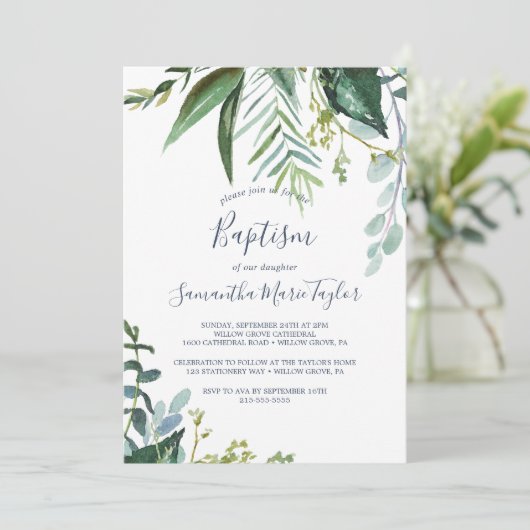 Summer Greenery Baptism Einladung (Stehend Vorderseite)