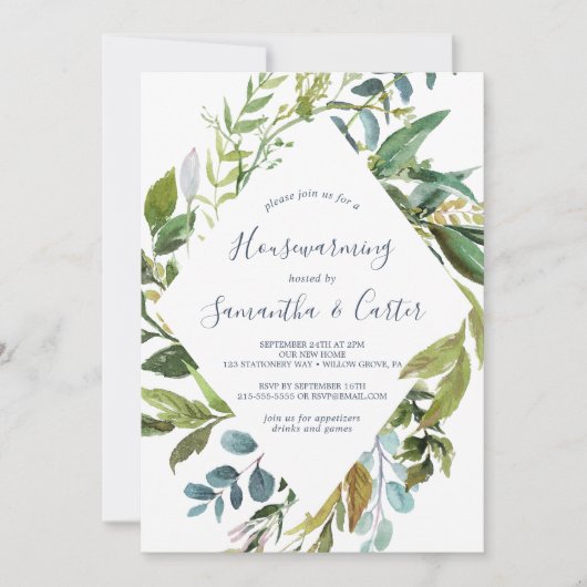 Summer Greenery Diamond Wreath Housewarming Party Einladung (Vorderseite)