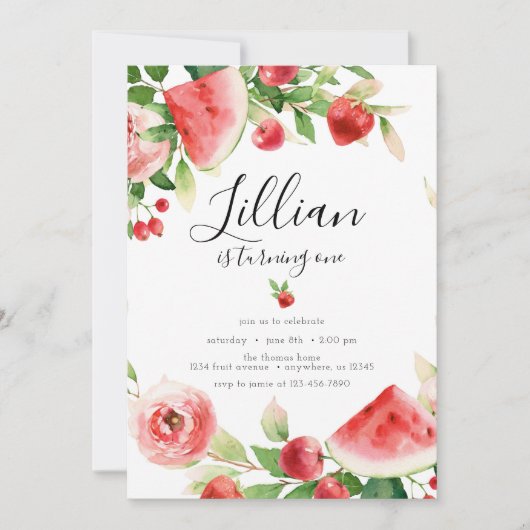 Summer Greenery Fruit Geburtstag Einladung (Vorderseite)