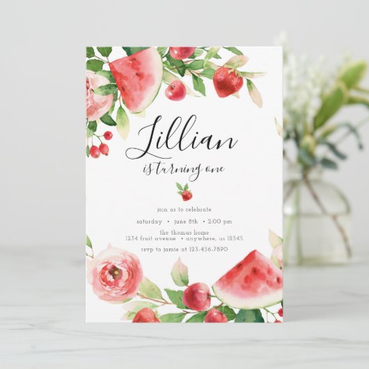 Summer Greenery Fruit Geburtstag Einladung (Stehend Vorderseite)