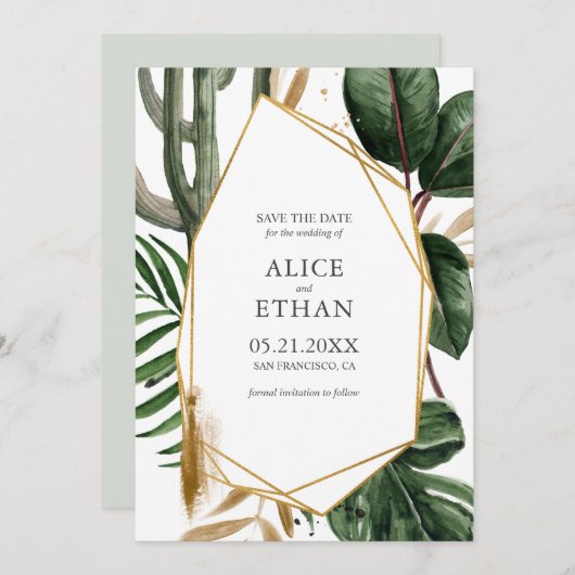 Summer Greenery mit geometrischer Goldumgebung Sav Save The Date (Vorne/Hinten)