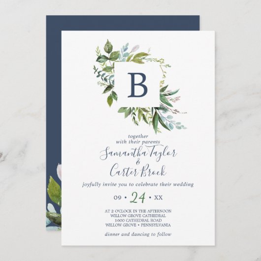 Summer Greenery Monogram Wedding Einladung (Vorne/Hinten)