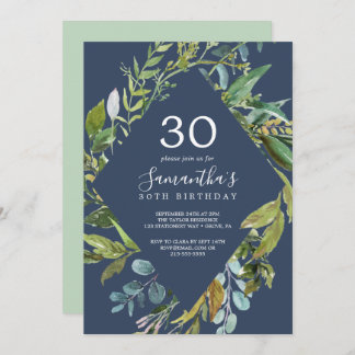 Summer Greenery Navy Diamond Wreath 30. Geburtstag Einladung