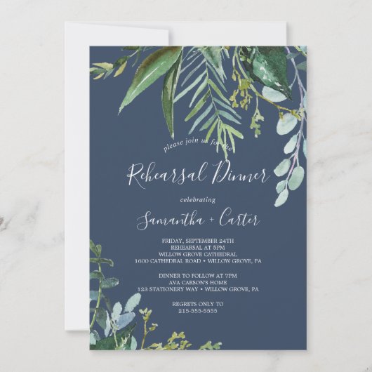 Summer Greenery | Navy Probe Dinner Einladung (Vorderseite)