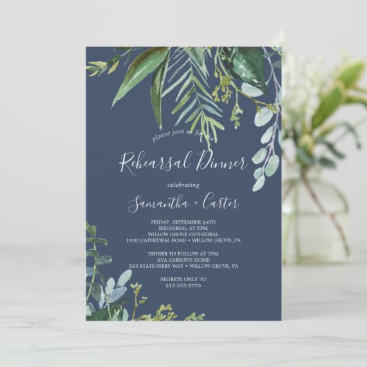 Summer Greenery | Navy Probe Dinner Einladung (Stehend Vorderseite)