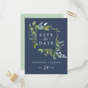 Summer Greenery   Navy Save the Date Postcard Einladungspostkarte