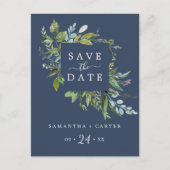Summer Greenery | Navy Save the Date Postcard Einladungspostkarte (Vorderseite)