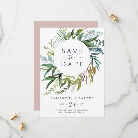 Summer Greenery | Rosa Save the Date (Vorderseite/Rückseite Beispiel)