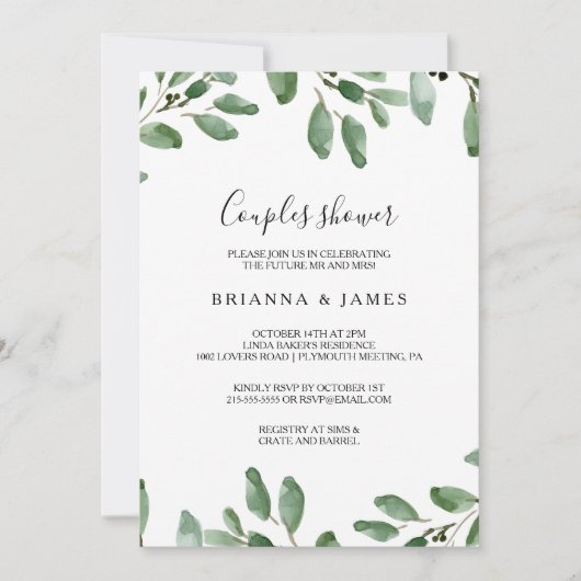 Summer Greenery Tropical Eukalyptus Couples Dusche Einladung (Vorderseite)