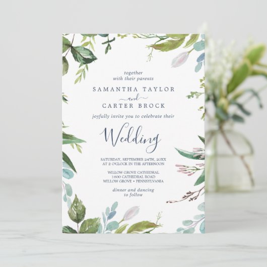 Summer Greenery Wedding Einladung (Stehend Vorderseite)