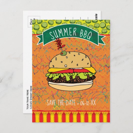 Summer GRILLEN Hamburger Save the Date Einladung Postkarte (Vorne/Hinten)