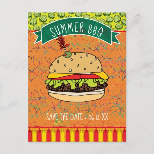 Summer GRILLEN Hamburger Save the Date Einladung Postkarte (Vorderseite)