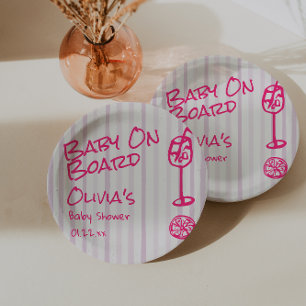 Summer Hand Drawing Pink Baby On Board Baby Dusche Pappteller