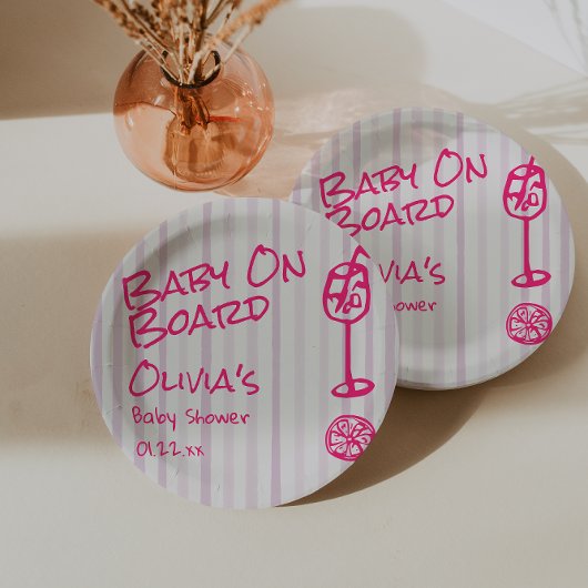 Summer Hand Drawing Pink Baby On Board Baby Dusche Pappteller