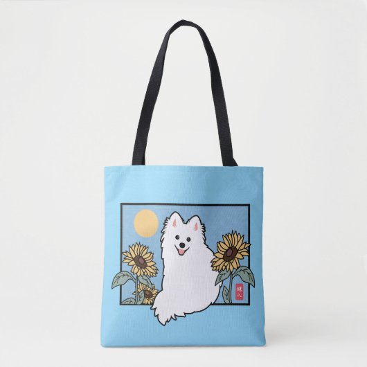 Summer Happy Spitz Hund sitzend mit Sonnenblumen Tasche (Vorderseite)