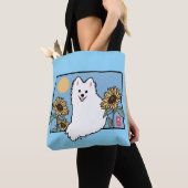 Summer Happy Spitz Hund sitzend mit Sonnenblumen Tasche (Von Nahem)
