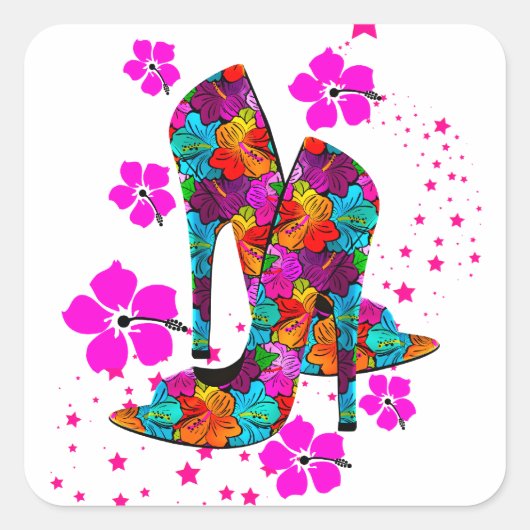 Summer High Heel Shoes Hot Pink Blume Quadratischer Aufkleber (Vorderseite)