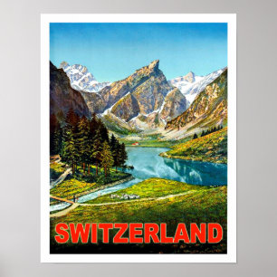 Summer in Switzerland mountains, vintage travel Poster