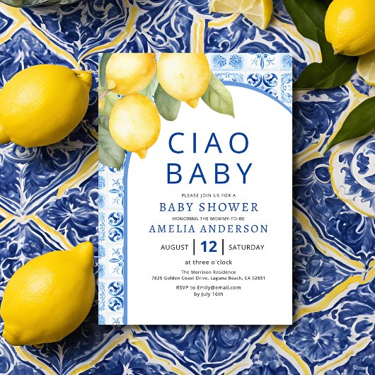 Summer Italian Blue Tiles Lemon Baby Dusche Einladung