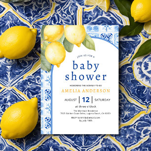 Summer Italian Blue Tiles Lemon Baby Dusche Einladung