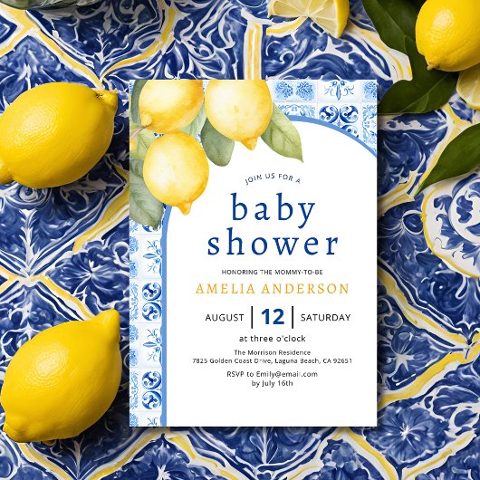 Summer Italian Blue Tiles Lemon Baby Dusche Einladung