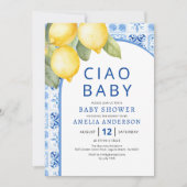 Summer Italian Blue Tiles Lemon Baby Dusche Einladung (Vorderseite)
