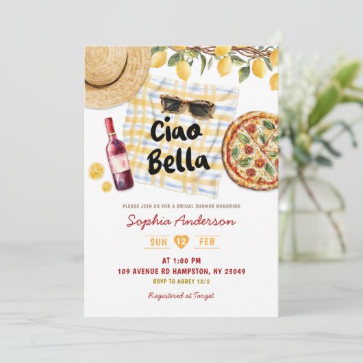 Summer Italian Ciao Bella Brautparty Einladung (Stehend Vorderseite)