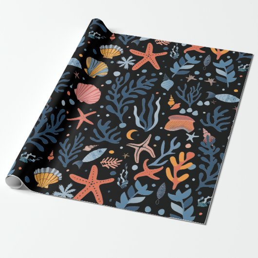 Summer Kid's Birthday Seashells Coral Black Geschenkpapier (Ungerollt)