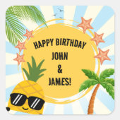 Summer Kids Double Birthday Party Quadratischer Aufkleber (Vorderseite)