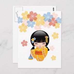 Summer Kokeshi Doll - Gelbes Kimono Beste Wünsche Postkarte