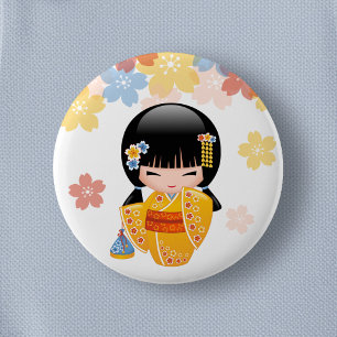 Summer Kokeshi Doll - Yellow Kimono Geisha Girl Button
