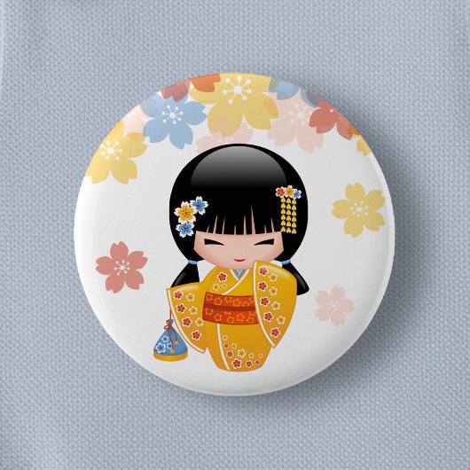 Summer Kokeshi Doll - Yellow Kimono Geisha Girl Button