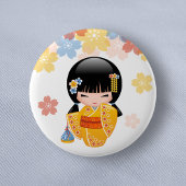 Summer Kokeshi Doll - Yellow Kimono Geisha Girl Button