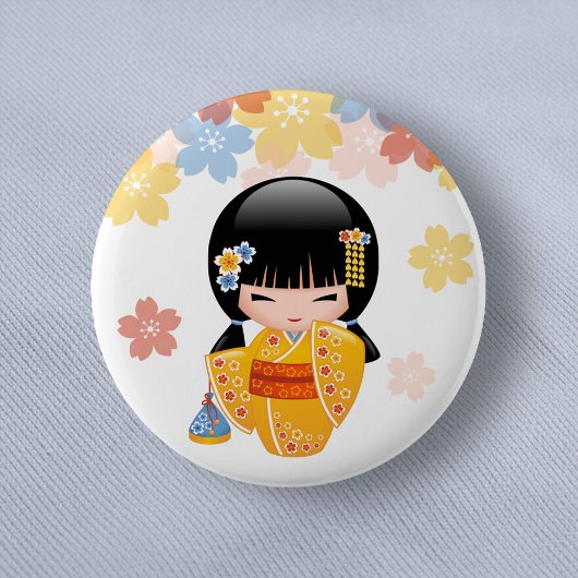Summer Kokeshi Doll - Yellow Kimono Geisha Girl Button
