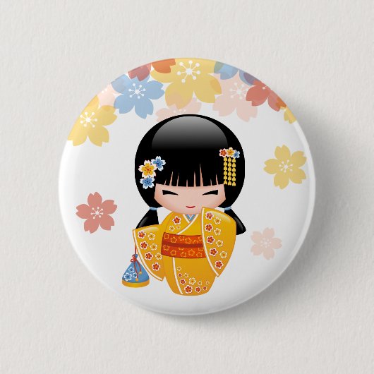 Summer Kokeshi Doll - Yellow Kimono Geisha Girl Button (Vorderseite)